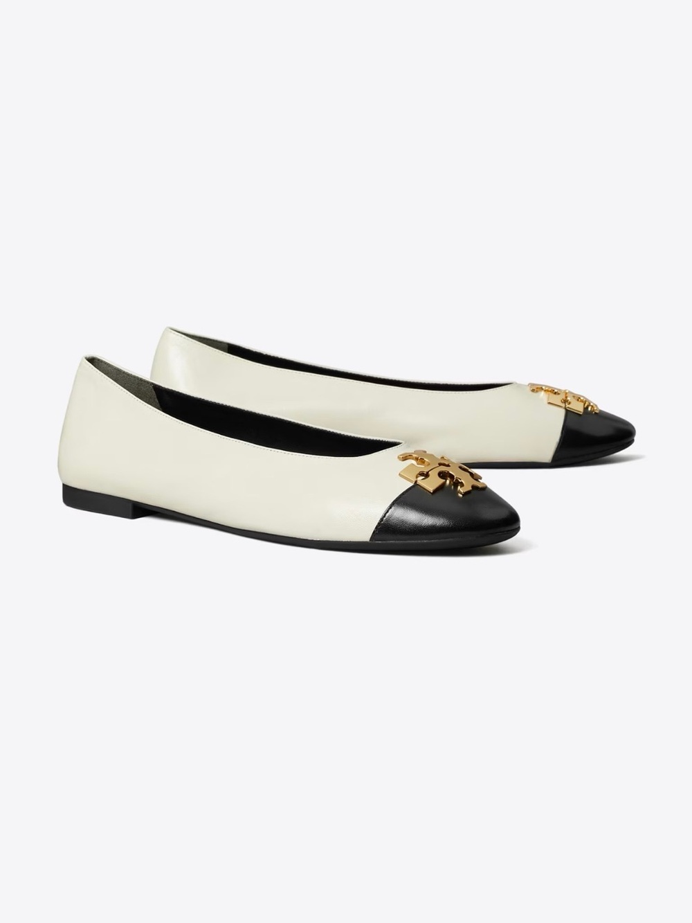 Tory Burch Charlie Ballet Flats Cap Toe Cream/Black Leather Gold Logo Size 8.5